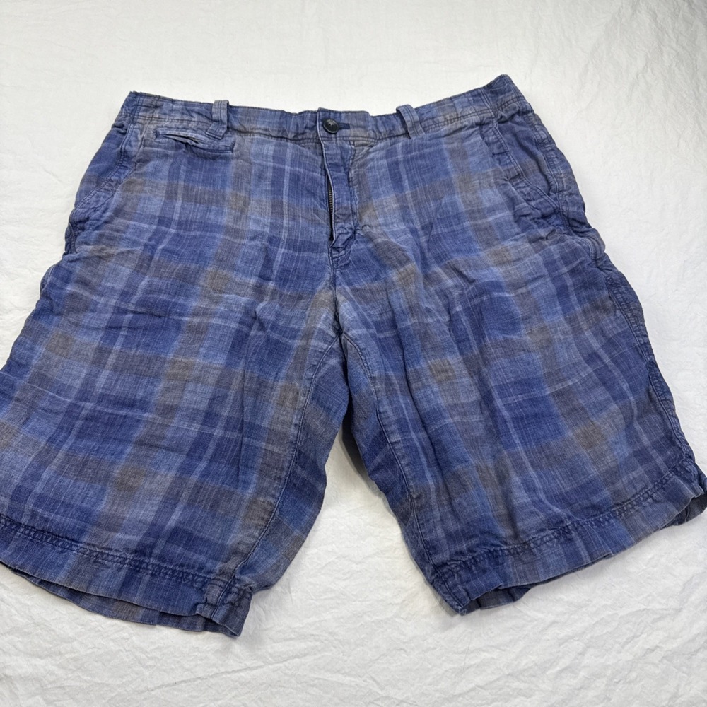 Banana Republic Linen SHORT MENS 35  Blue Plaid Design Casual